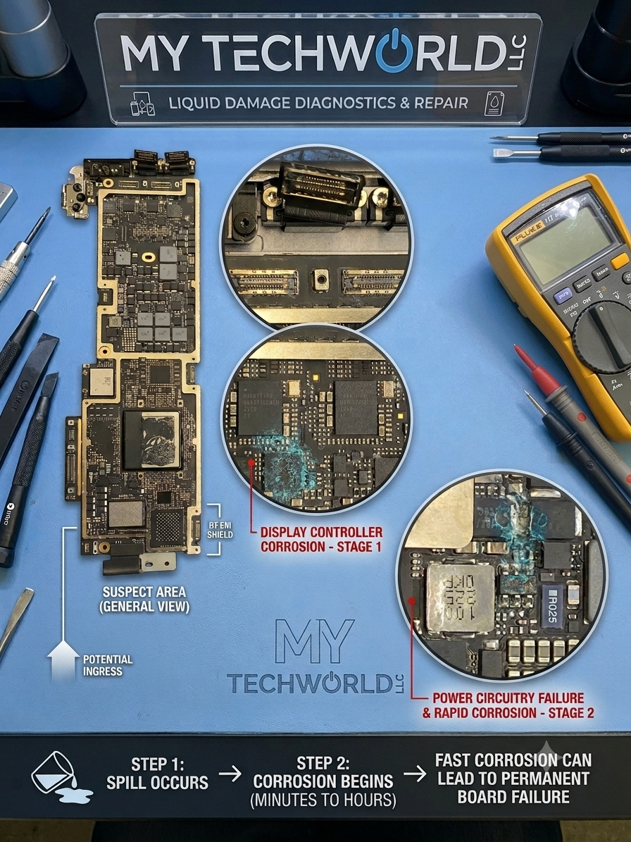 MacBook liquid damage diagnostic — corrosion stages on logic board